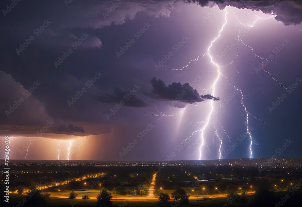 A thunderstorm with beautiful bright lightning, a strong storm with lightning, a riot of elements, natural phenomena,