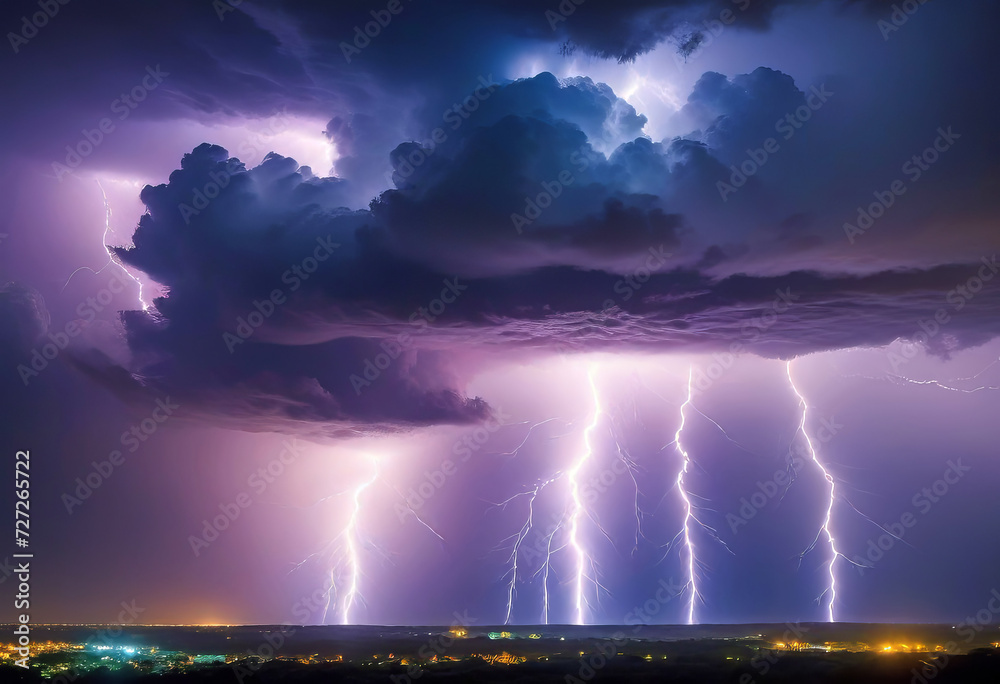 A thunderstorm with beautiful bright lightning, a strong storm with lightning, a riot of elements, natural phenomena,