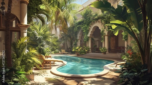 Courtyard with a kidney-shaped pool, lush greenery, palm trees, poolside seating, tranquil atmosphere, detailed and scenic illustration Generative AI © vadosloginov