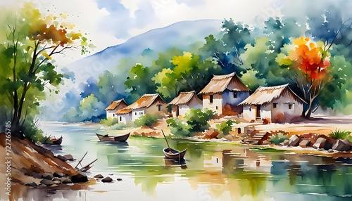 Beautiful watercolor of Indian village, houses against green forest background, watercolor painting, mural for room design,