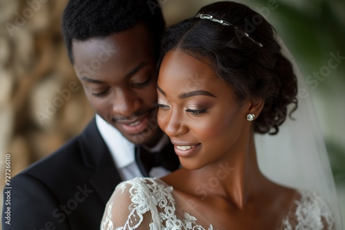 Attractive newly married couple, African-American, with very elegant wedding clothes, the husband hugs her tenderly. photo