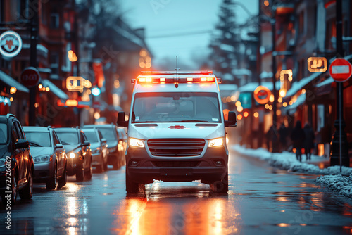 Ambulance facing forward in an emergency through the streets of a European city, at night. photo