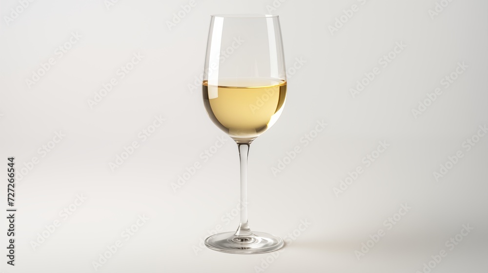 A clean pure spotless white wine glass filled with a crisp white wine against a spotless white background