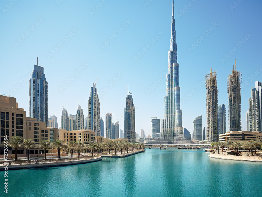 Obraz premium A photograph of the iconic Burj Khalifa in Dubai, UAE, the world's tallest skyscraper.
