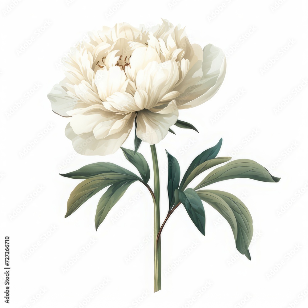 Cute White Peony Flower Clipart, watercolor painting, minimal hand drawn style, textured, vector, white background, no background, 32k uhd, isolated, ultra high detailed