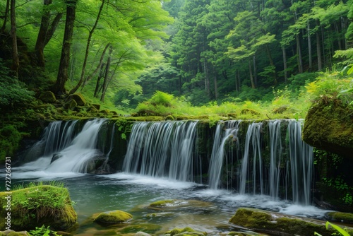 Panoramic beautiful deep forest waterfall