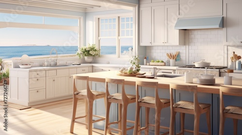 Detailed rendering of a coastal kitchen with light, airy colors, beach-themed decor, and natural sunlight streaming in Generative AI