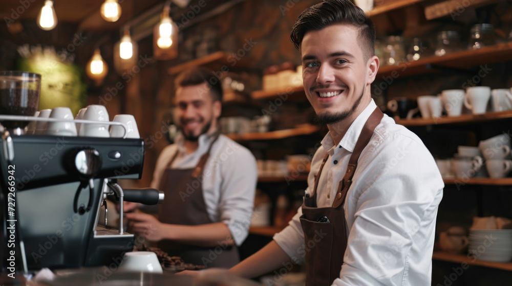 two smiling men in a cafe, one in the foreground wearing a white shirt and leather apron