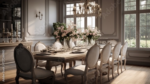 Elegant dining area with a chandelier and a formal dining table Generative AI