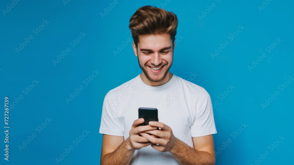 young man with styled hair, smiling while looking at his smartphone against a solid blue background young man with styled hair, smiling while looking at his smartphone against a solid blue background