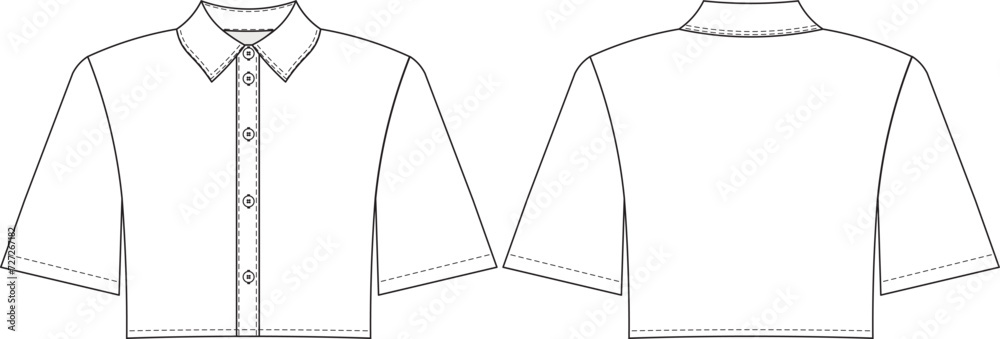 collared buttoned wide short sleeves cropped crop shirt template technical drawing flat sketch cad mockup fashion woman design style model
