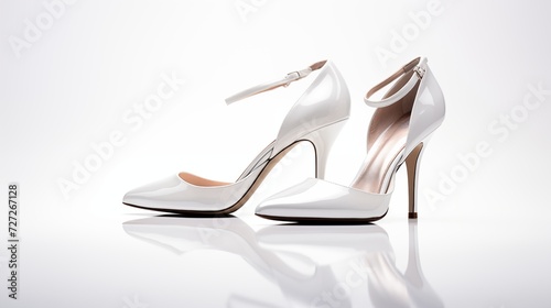 A pair of elegant white high-heeled shoes against a pure white background