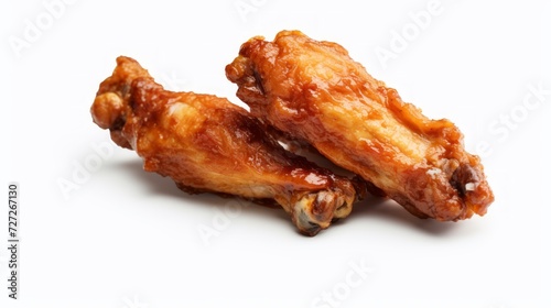 A succulent chicken wing captured in a close-up realistic photo against a white background Generative AI © vadosloginov
