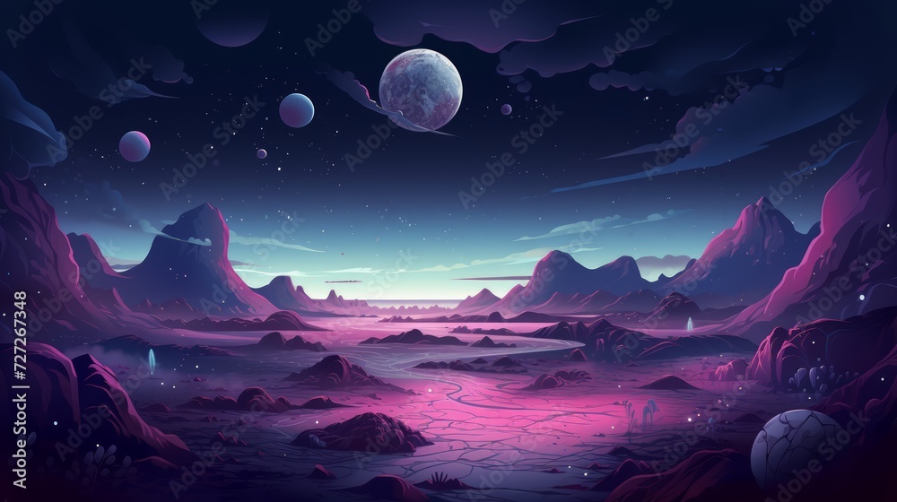A surreal lunar landscape with craters and a starry sky. vector cartoon graphic Generative AI - obrazy, fototapety, plakaty 