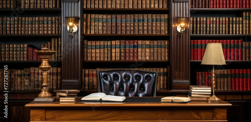 Classic Library Interior with Dark Wood Bookshelves Full of Leather-Bound Books and Desk with Reading Lamp photo