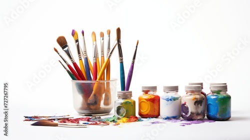 A set of colorful art supplies like paintbrushes and tubes of paint on white