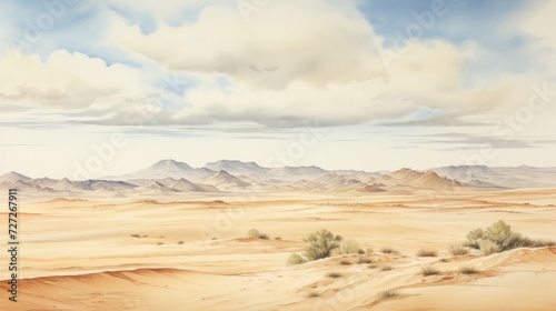 A vast desert with sand dunes and a clear horizon. landscape watercolor Generative AI