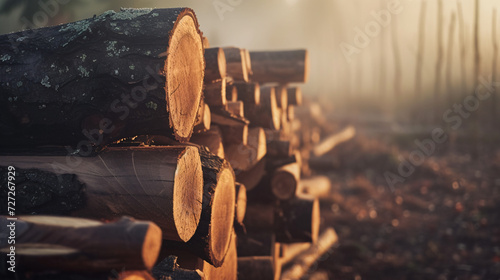 a bunch of wooden logs in full screen in morning light with light 