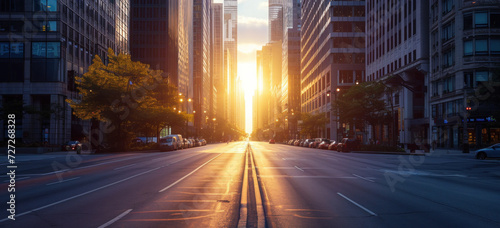 Fototapeta Naklejka Na Ścianę i Meble -  Urban sunrise on empty city street with skyscrapers. Urban exploration.