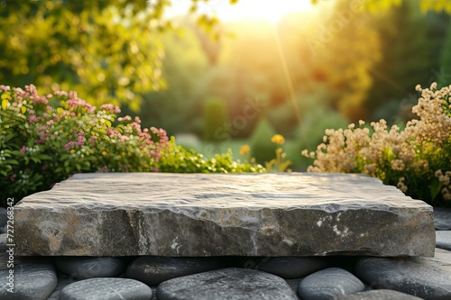 Stone product display podium. Nature view in the background. Front view