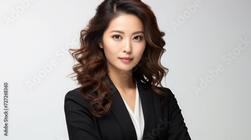 An Asian businesswoman wearing a black suit strikes a confident pose on a white isolated background
