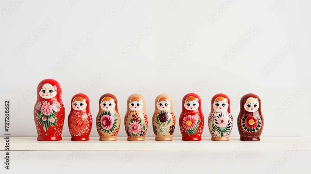 A set of traditional wooden nesting dolls isolated on white arranged on a clean pure spotless white shelf