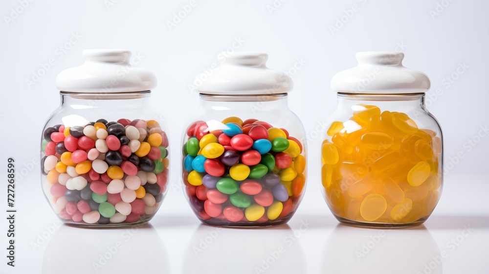 A set of white ceramic kitchen jars filled with colorful candies on white