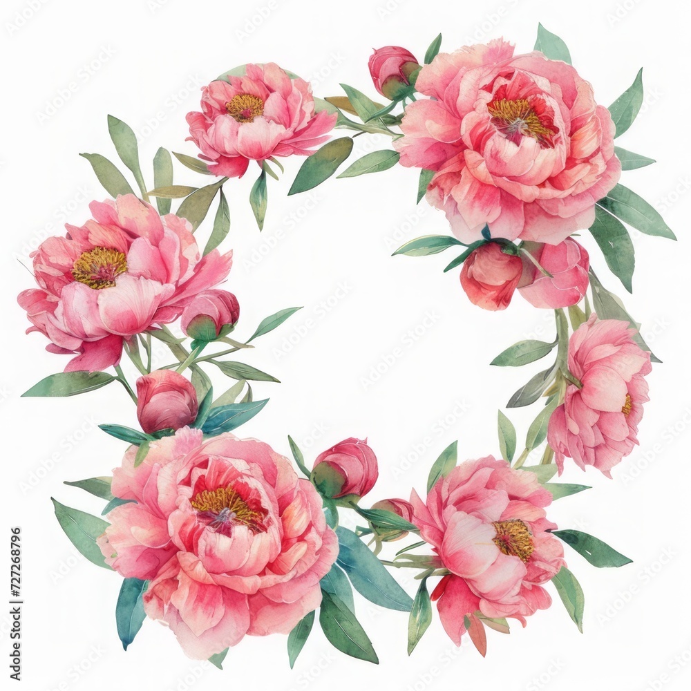 Cute Pink Peony Flower Wreath Clipart, watercolor painting, minimal hand drawn style, textured, vector, white background, no background, 32k uhd, isolated, ultra high detailed