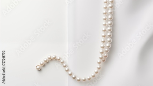 A single elegant pearl necklace draped gracefully on a clean pure spotless white surface