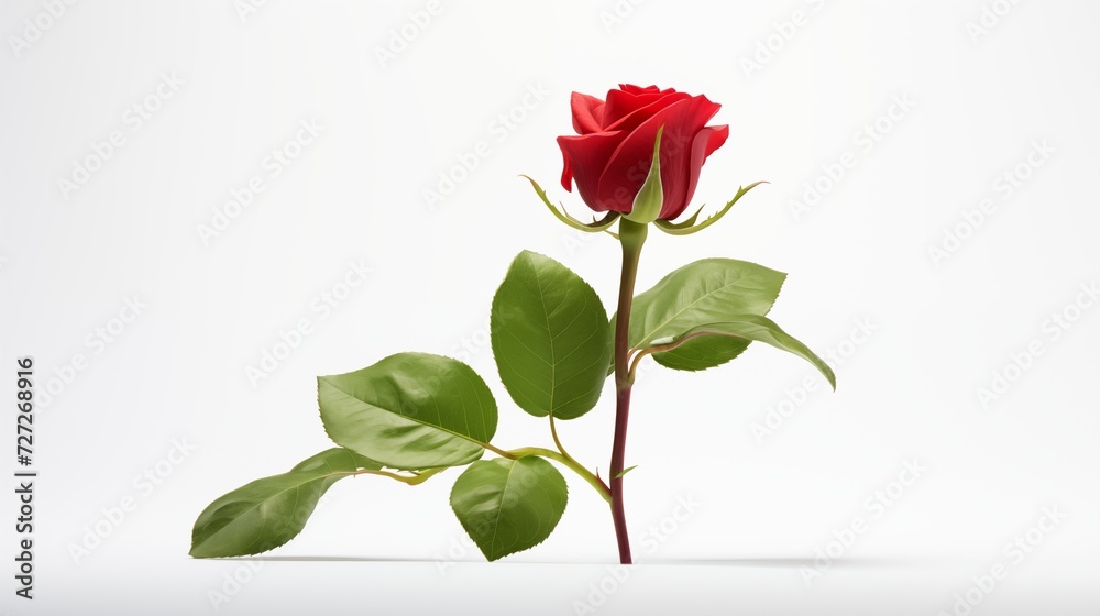 Obraz premium A single red rosebud with green leaves on a spotless white background