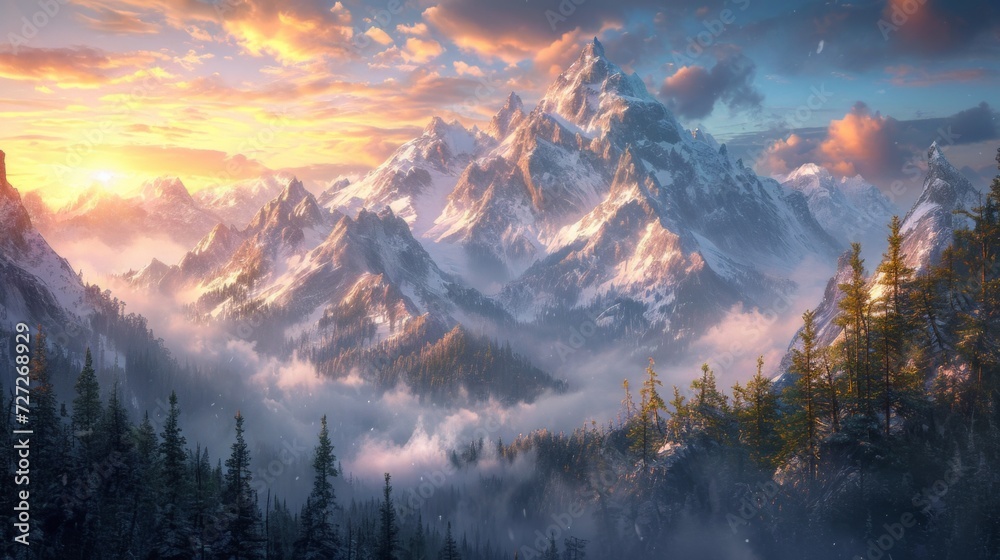 Alpine wilderness with snow-dusted mountain peaks, scattered clouds, and the sun peeking through Generative AI