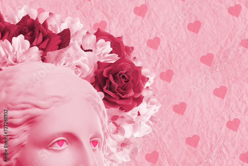Valentine\'s day 14 february poster, banner, postcard, congratulations, zine with antique bust face, heart in cute design. Romantic relationship, love at first sight concept. Creative artwork collage.