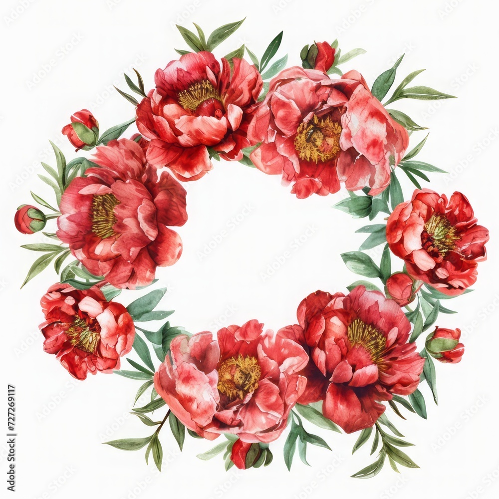 Cute Red Peony Flower Wreath Clipart, watercolor painting, minimal hand drawn style, textured, vector, white background, no background, 32k uhd, isolated, ultra high detailed