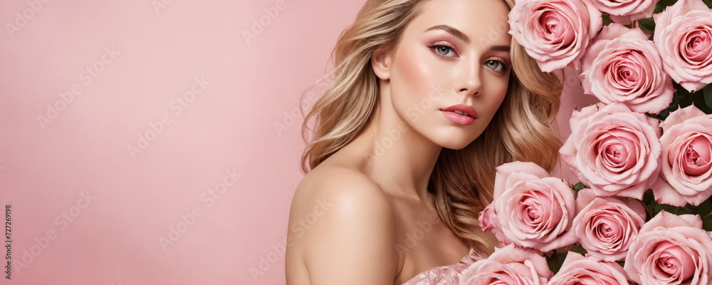 A close-up image capturing a young womans face surrounded by delicate pink roses, highlighting her natural beauty and the softness of the flowers