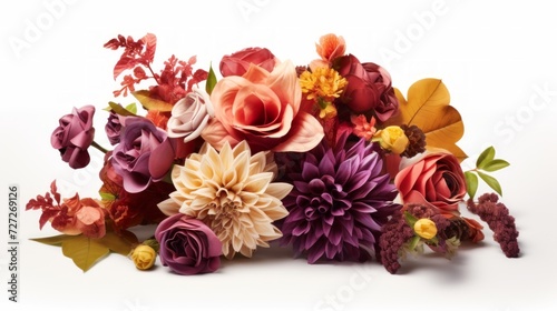 An artistically arranged bouquet featuring a variety of blooms in rich hues, set against a pristine white surface, perfect for adding personalized text or logos Generative AI © vadosloginov