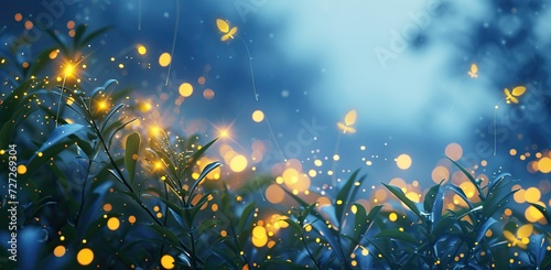 Fireflies in the grass against the night sky. The concept of nature's magic.