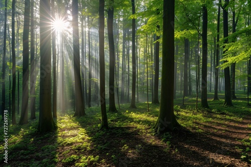 Panoramic view of a forest with sunlight shining