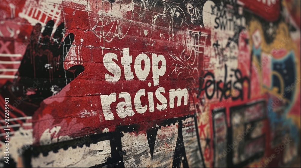 Naklejka premium graffiti wall photo with just the words stop racism