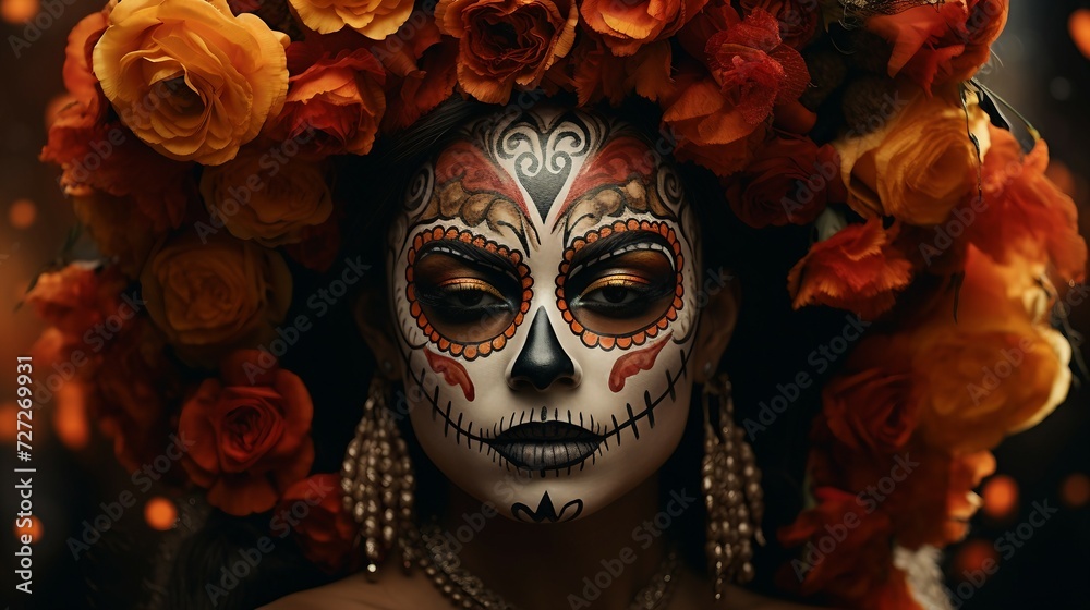 Woman With Skull Makeup and Flowered Hair, Day Of The Dead