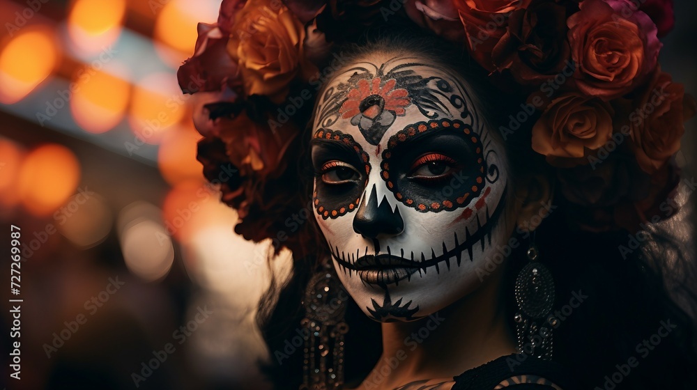 Woman With Skeleton Makeup and Flowers in Her Hair, Day Of The Dead
