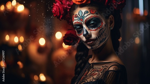 Woman With Skull Makeup and Flowered Hair, Day Of The Dead © Naqash