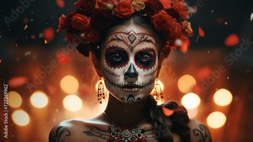 Woman With Skeleton Makeup and Flower-adorned Hair, Day Of The Dead