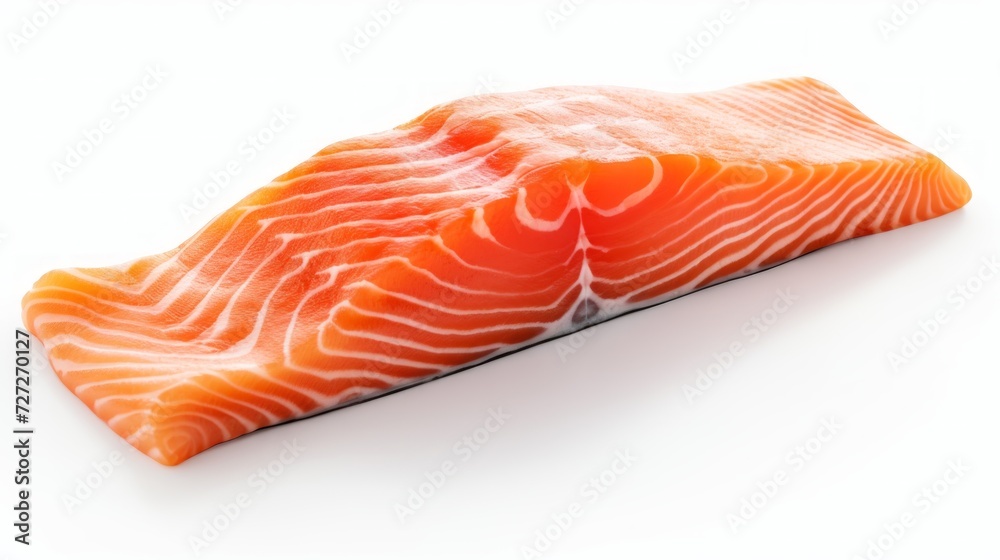 Close-up realistic photo of a fresh salmon fillet piece against a white background Generative AI