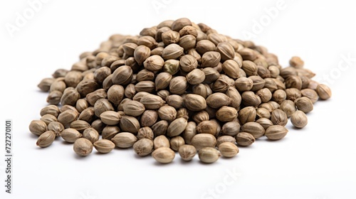 Close-up realistic photo featuring a small pile of hemp seeds on a white background Generative AI