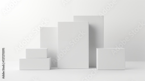 A stack of blank white canvases of various sizes isolated on white on a clean pure spotless white surface