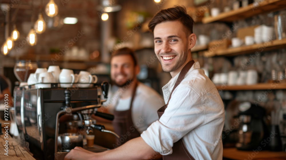 two smiling men in a cafe, one in the foreground wearing a white shirt and leather apron two smiling men in a cafe, one in the foreground wearing a white shirt and leather apron