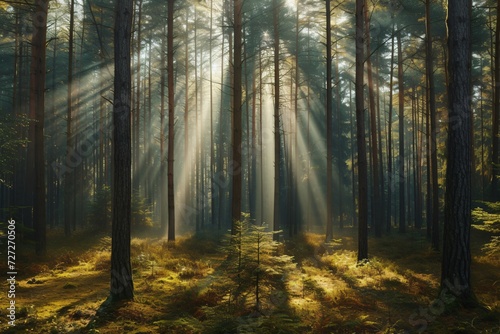Panoramic view of a forest with sunlight shining © cong