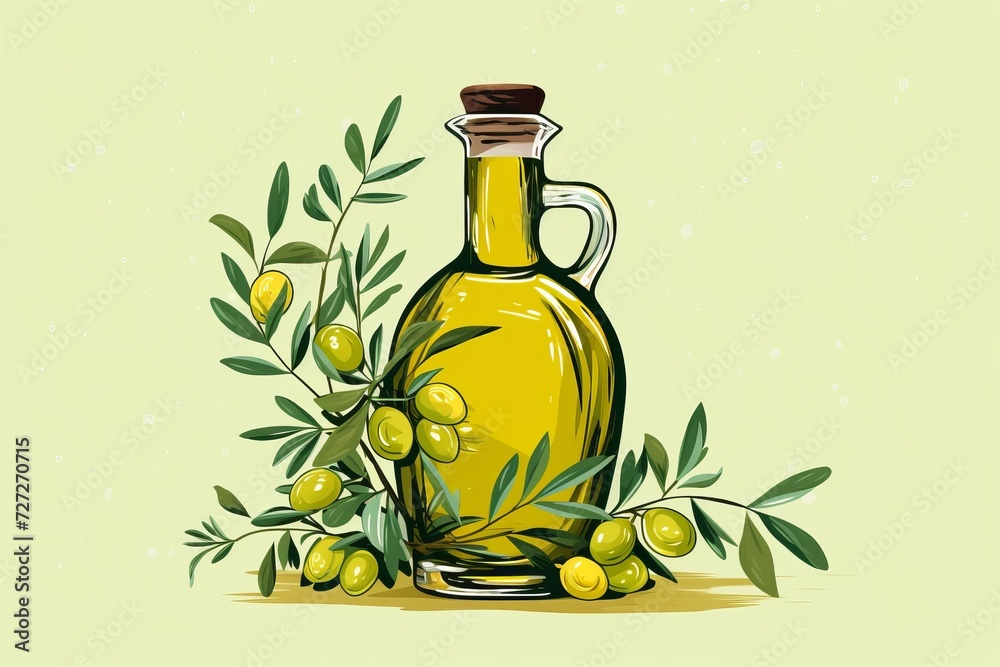 Olive oil in a glass jug with a cork, olive tree branches and fruits of green olives on a green background, illustration. Olive oil in a glass jug with a cork, olive tree branches and fruits of green olives on a green background, illustration.