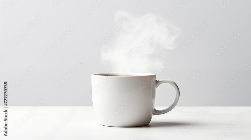 A white ceramic mug filled with steaming hot coffee on a clean white surface A white ceramic mug filled with steaming hot coffee on a clean white surface