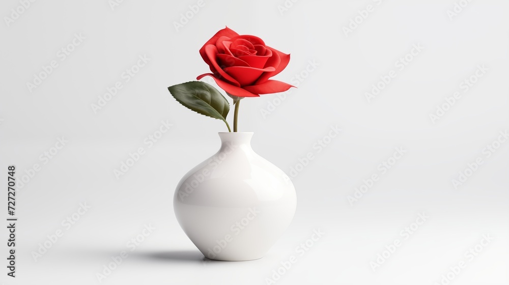 Fototapeta premium A white ceramic vase with a single red rose isolated on a clean white surface